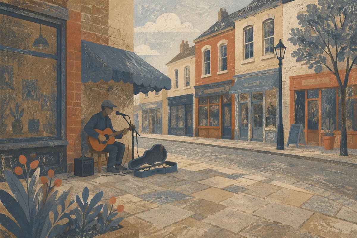 Street Corner Guitar Busker in Grayscale