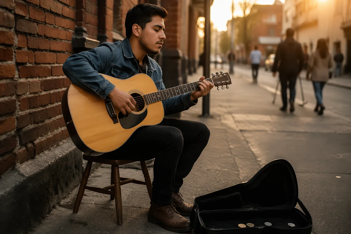 Street Musician Playing Guitar at Sunset