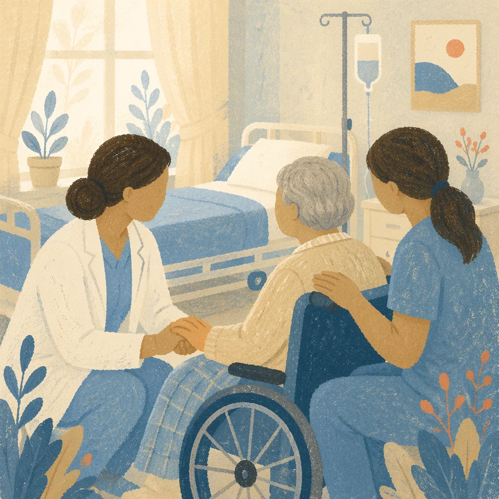 Compassionate Nurse Supporting Elderly Patient Indoors