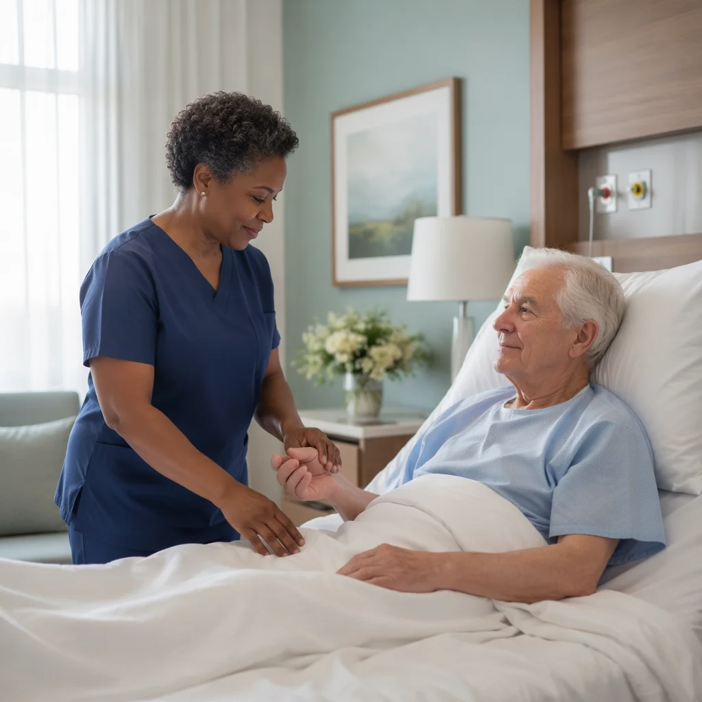Compassionate Nurse Comforting Elderly Patient