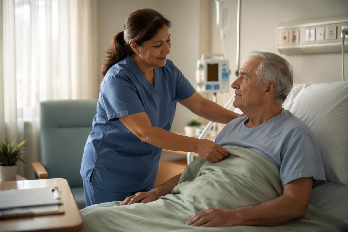 Nurse Comforting Elderly Patient in Hospital Room