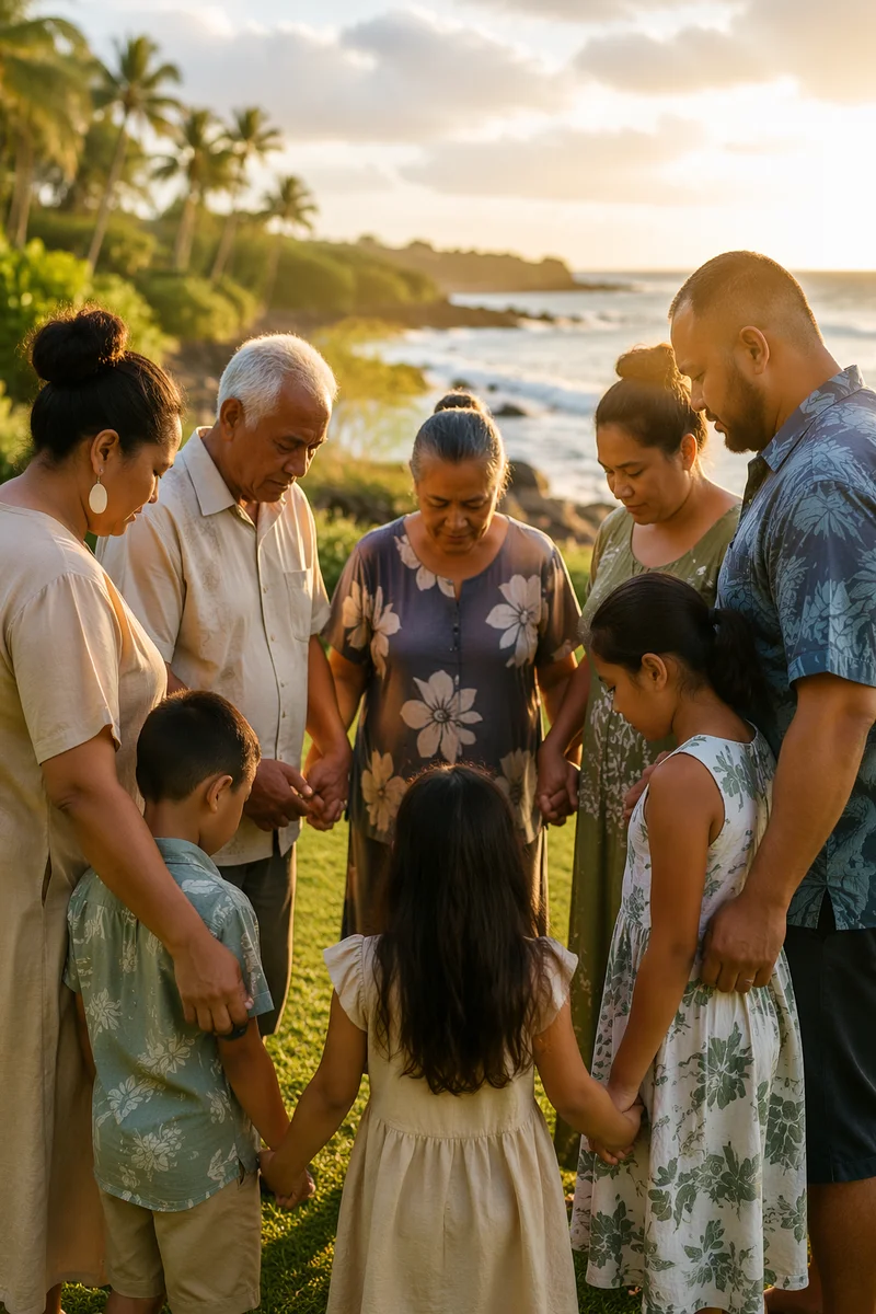 Pacific Islander Family Prayer Circle Outdoors