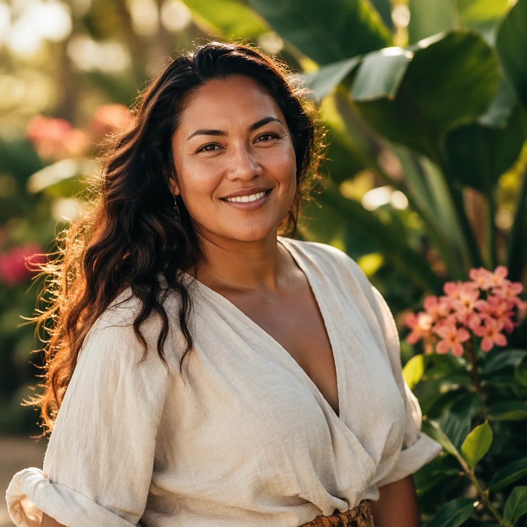 Smiling Pacific Islander Woman in Tropical Garden