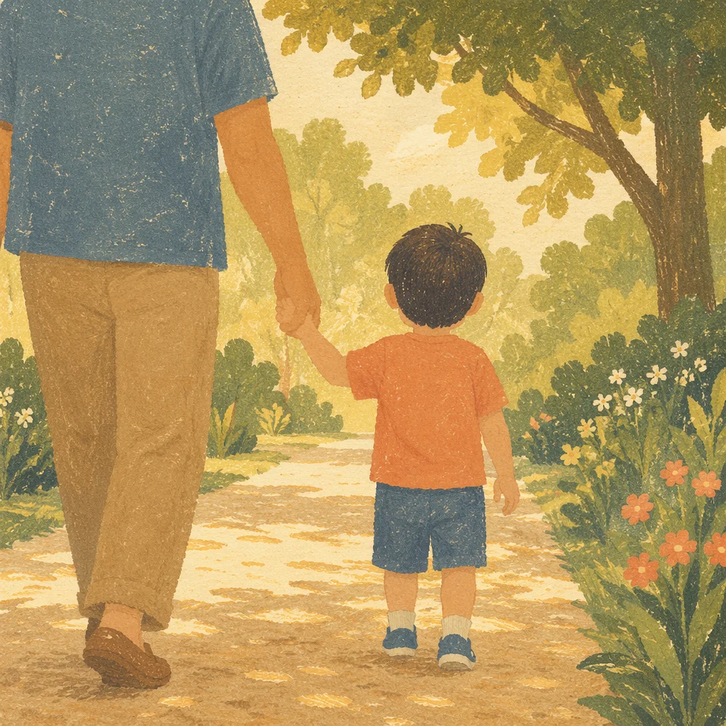 Parent and Child Walking in Warm Park Light
