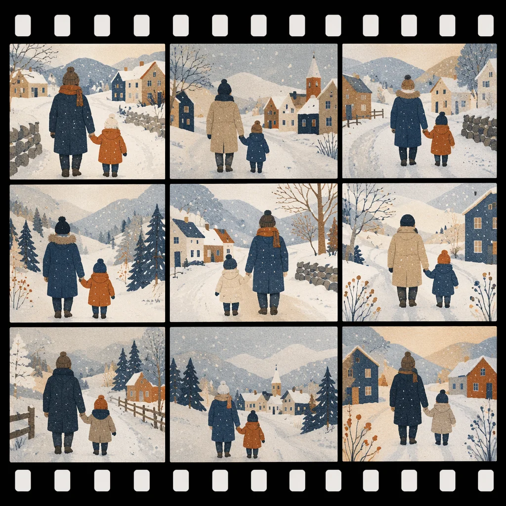 Parent and Child Walking Through Snowy Village