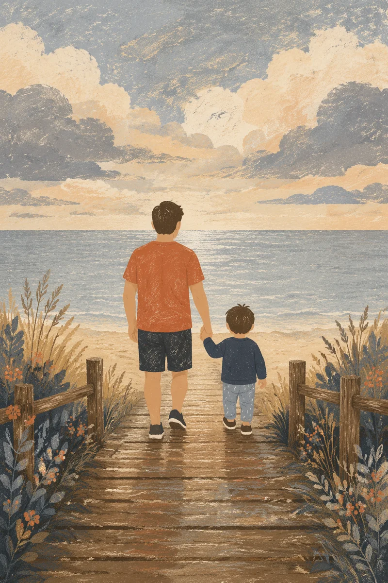 Parent and Child Walking to Quiet Beach