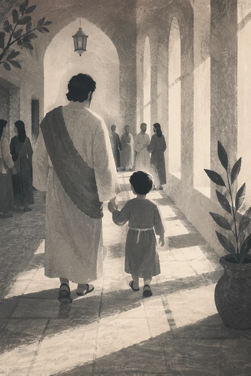 Parent and Child Walking in Sunlit Corridor