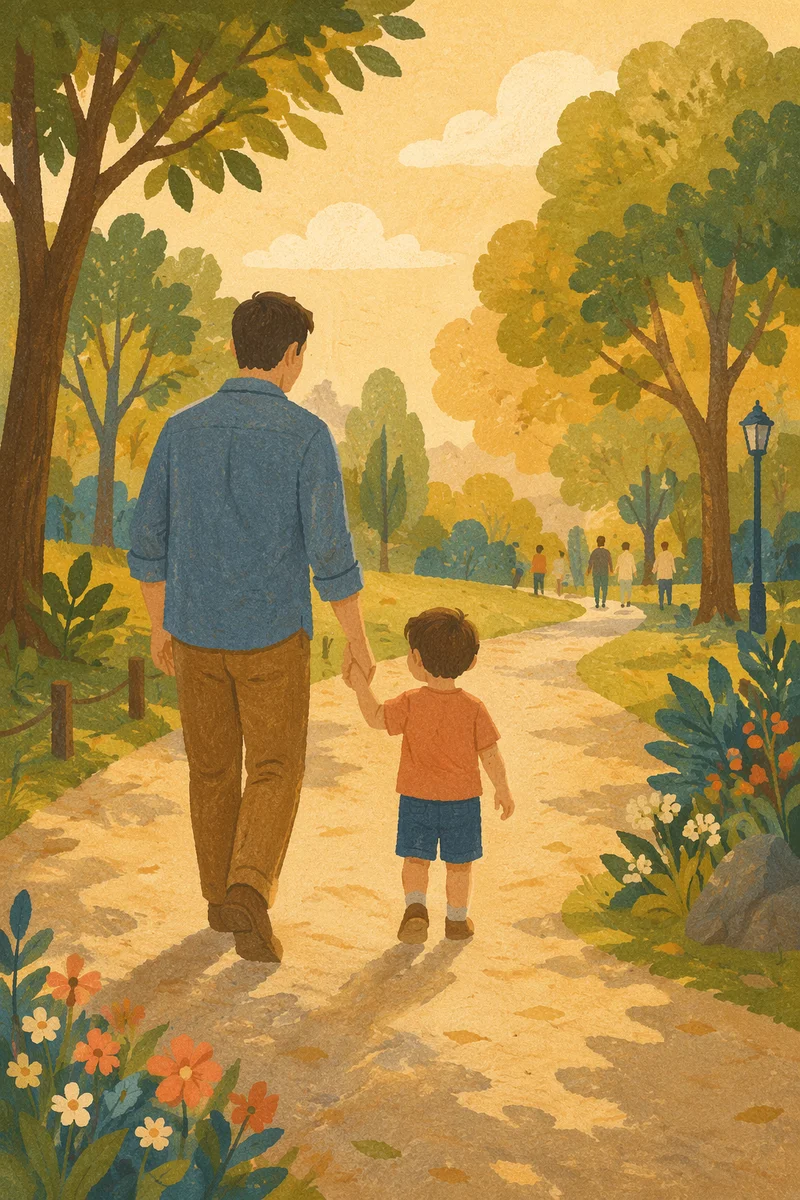 Parent and Child Walking in Golden Park