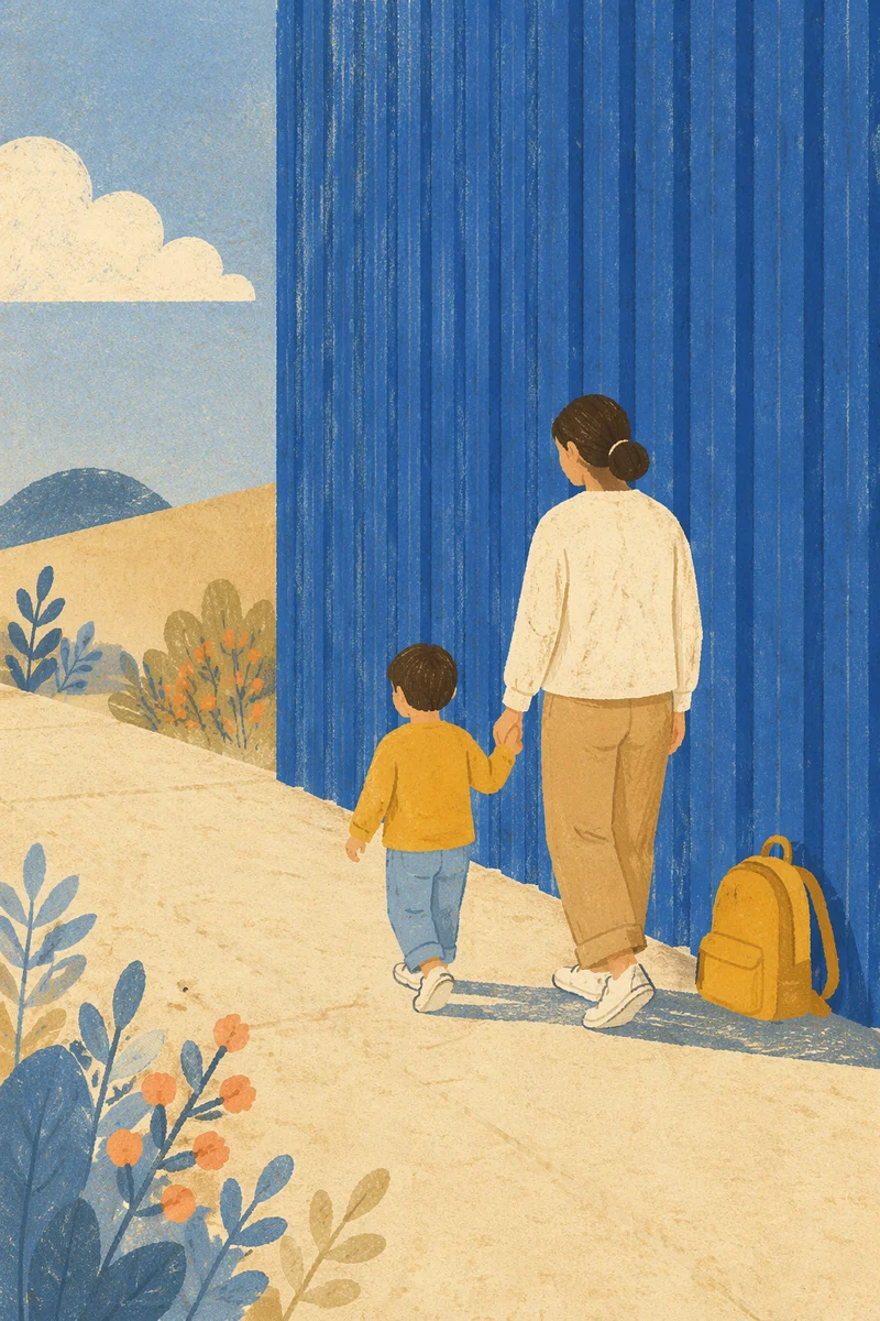 Parent and Child Walking by Blue Wall