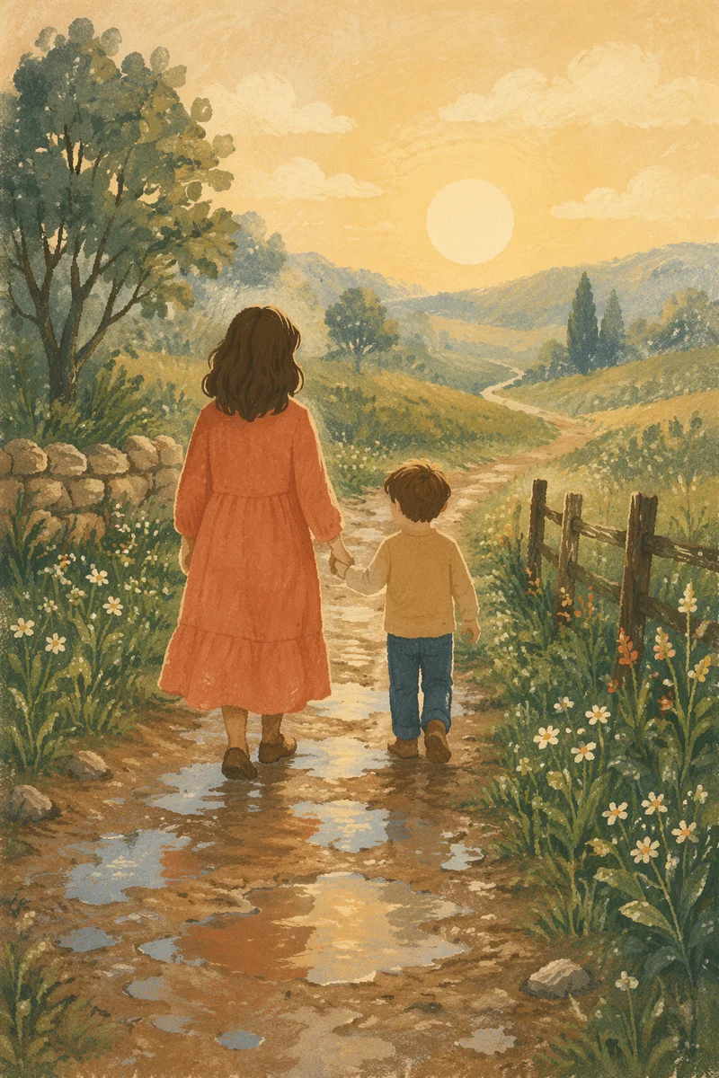 Parent and Child Walking in Morning Light