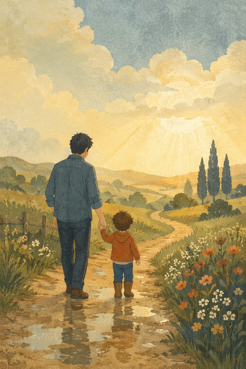 Parent and Child Walking After Rain