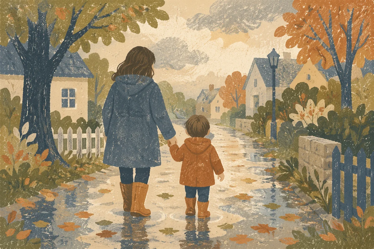 Parent and Child Walking After Rain