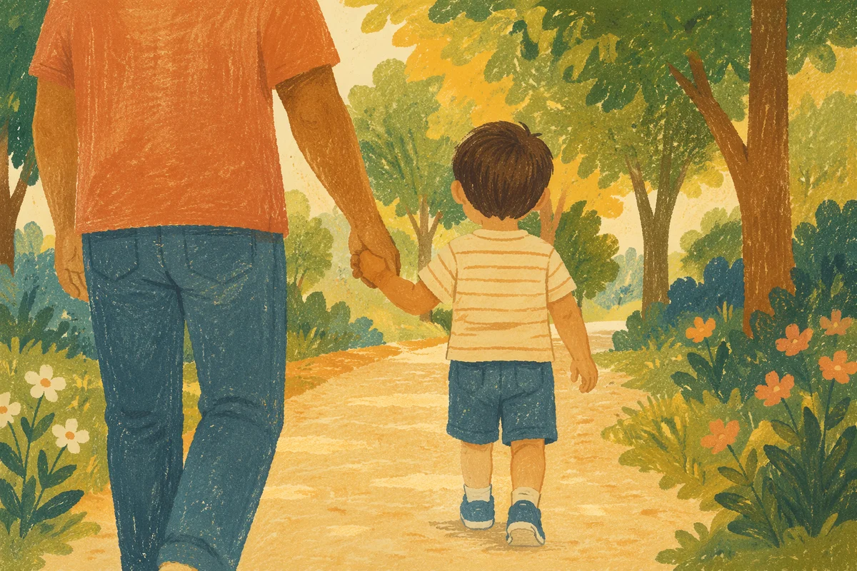 Parent and Child Walking in Sunlit Park