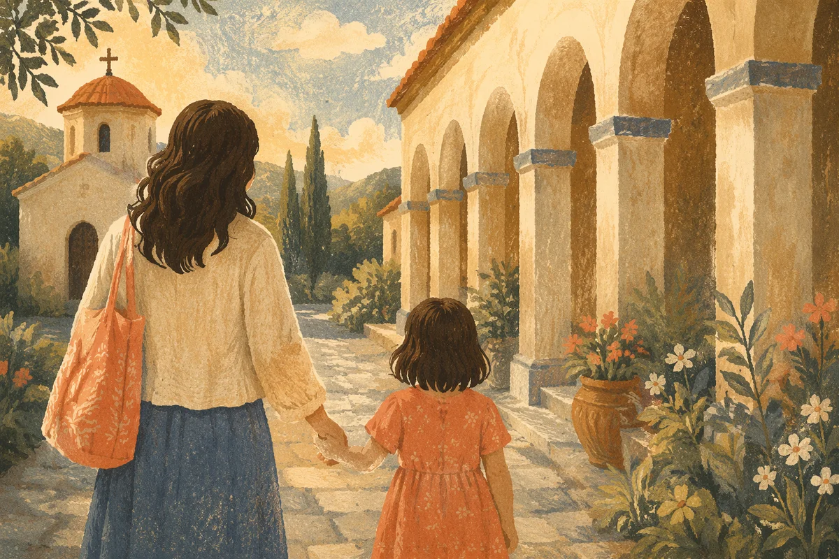 Parent and Child Walking by Chapel Garden