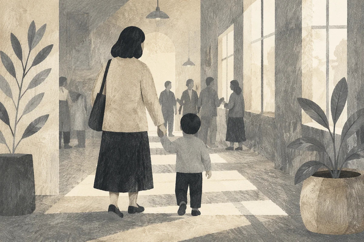 Parent and Child Walking in Sunlit Corridor