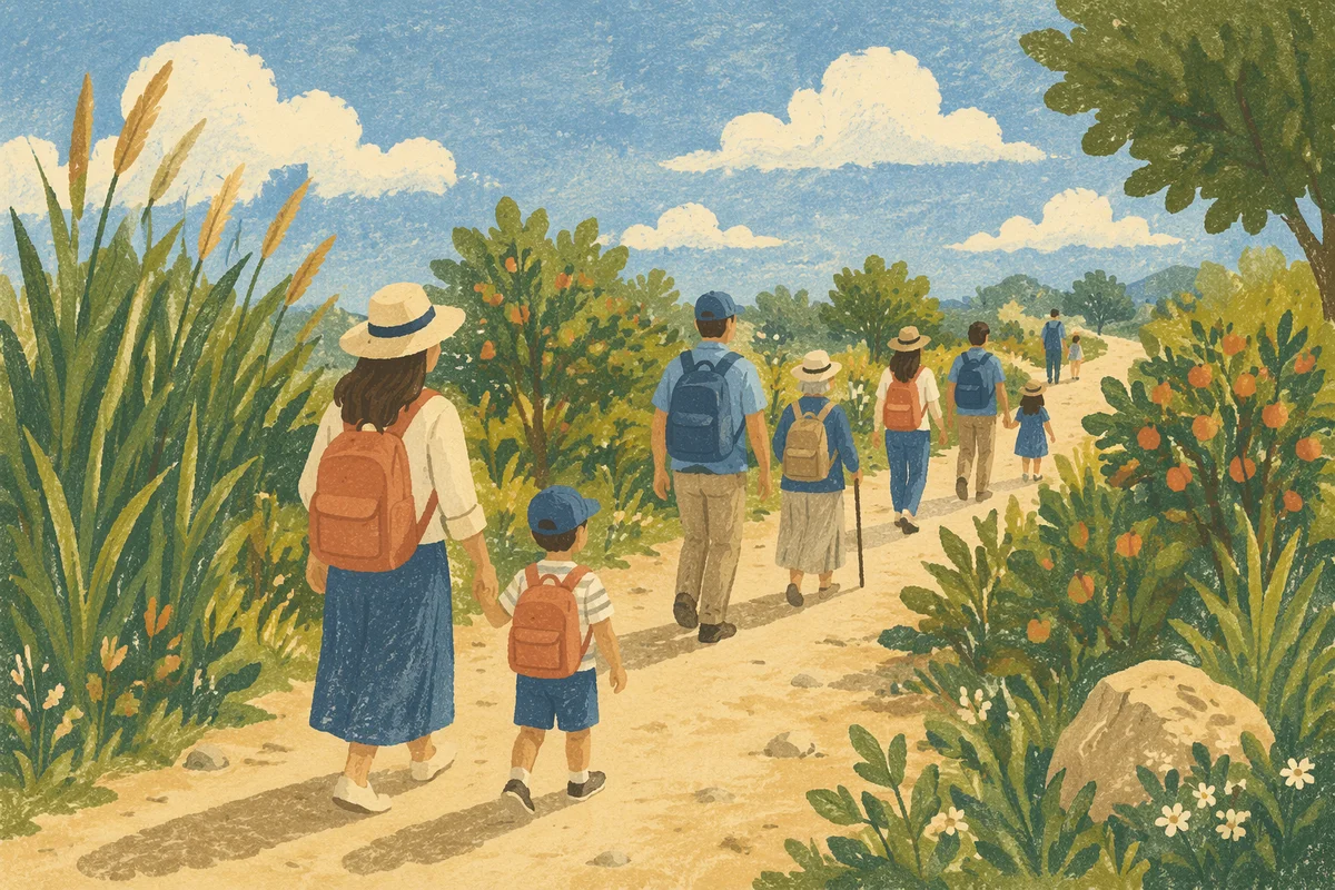 Parent and Child Walking Sunlit Path