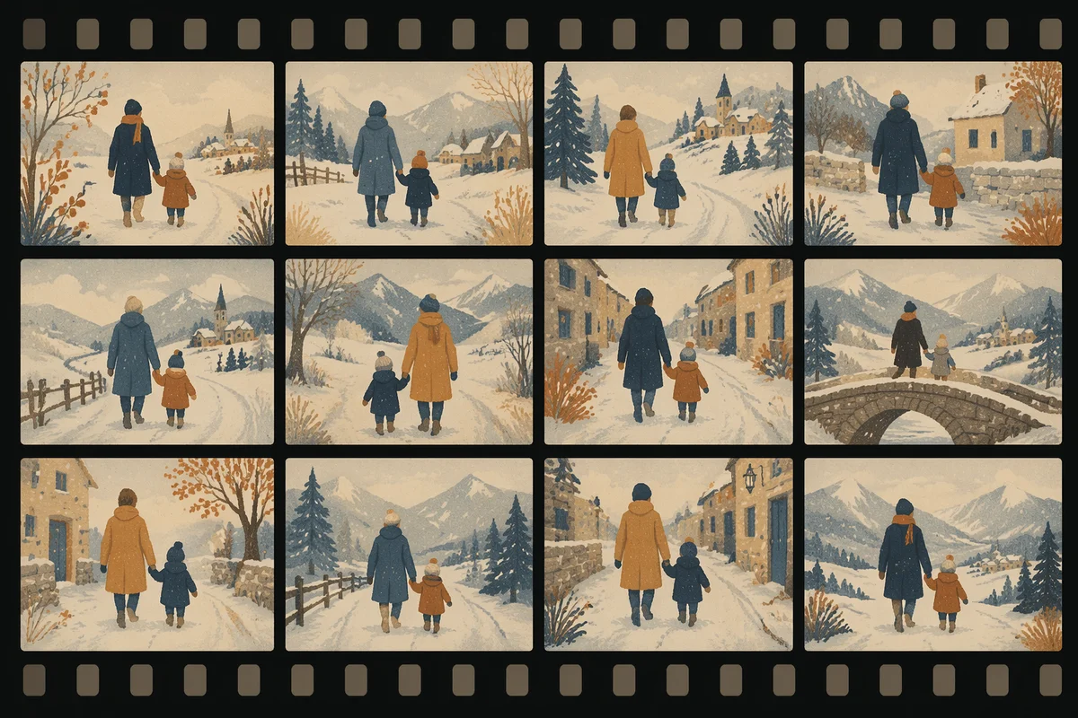Parent and Child Walking Through Snow