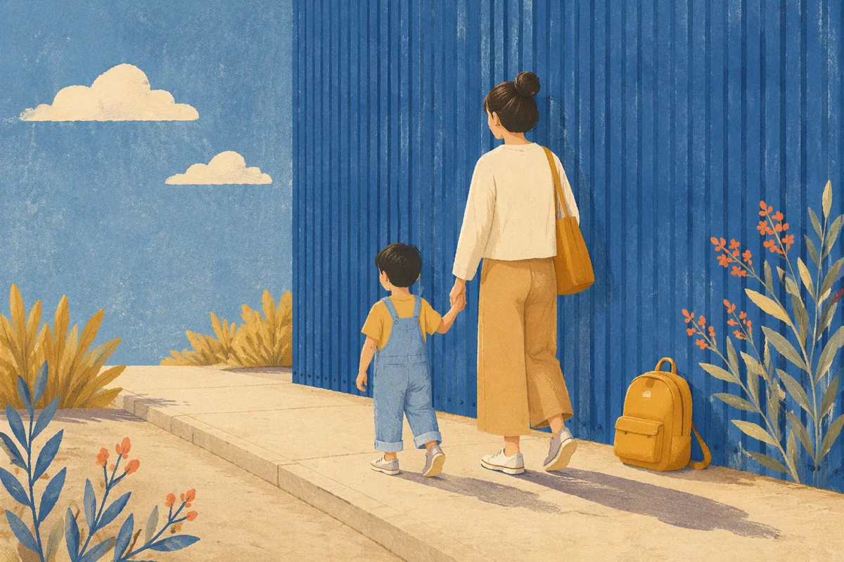 Parent and Child Walking by Blue Wall