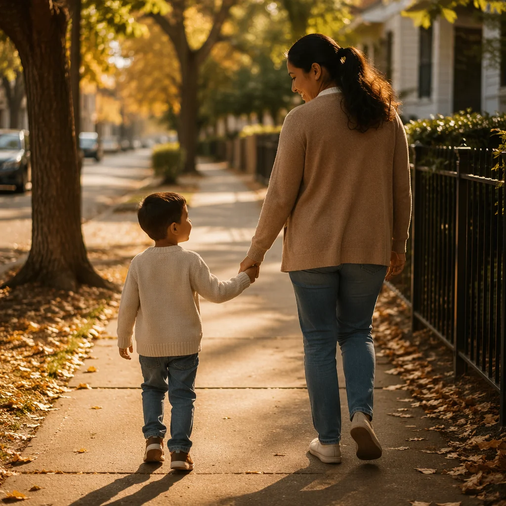 Mother and Son Walking Hand in Hand