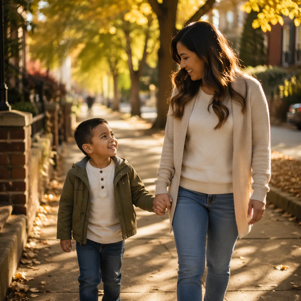 Mother and Son Walking Hand in Hand
