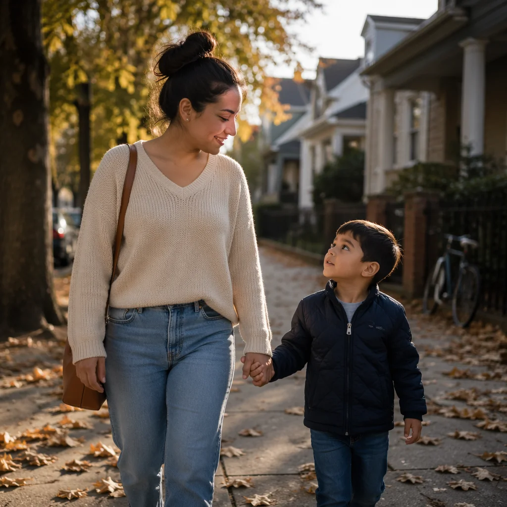 Mother and Son Walking Hand in Hand