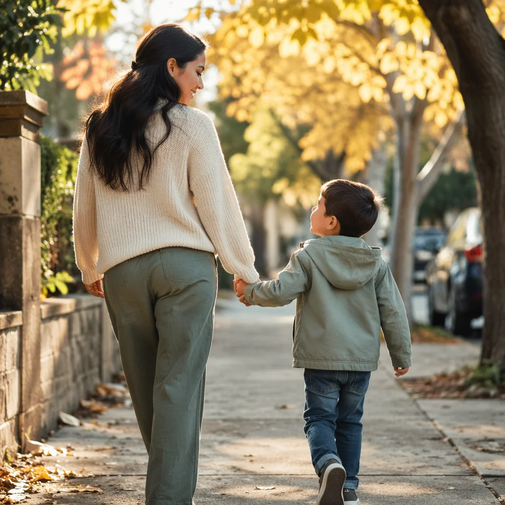 Mother and Son Walking Hand in Hand