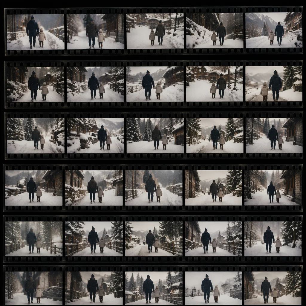 Parent and Child Walking Through Snow