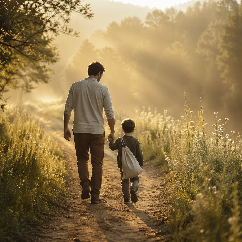 Parent and Child Walking in Morning Mist