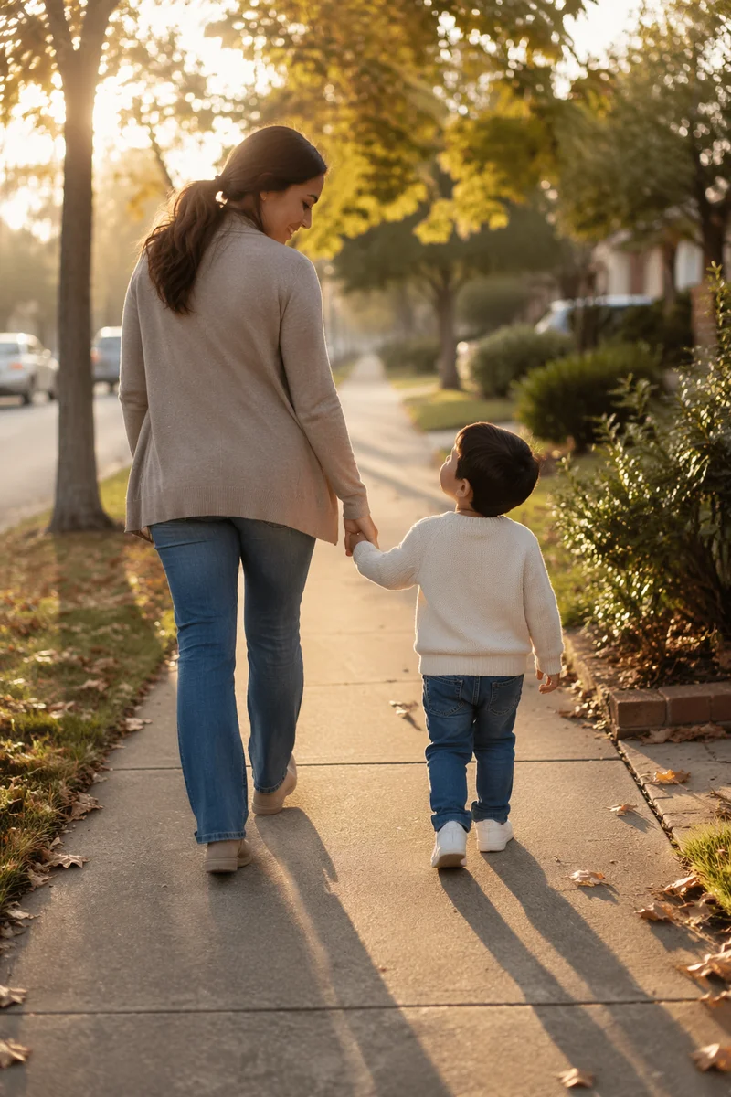 Mother and Son Walking Hand in Hand