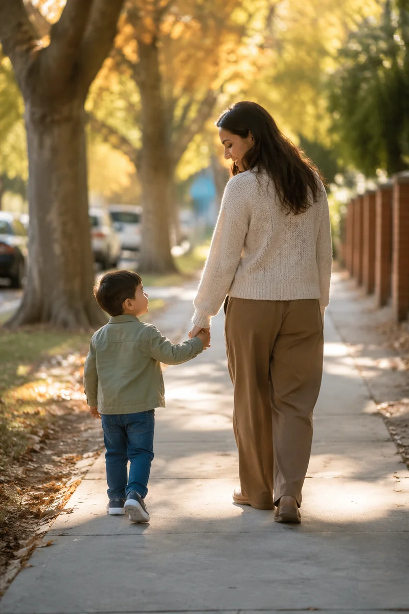 Mother and Son Walking Hand in Hand