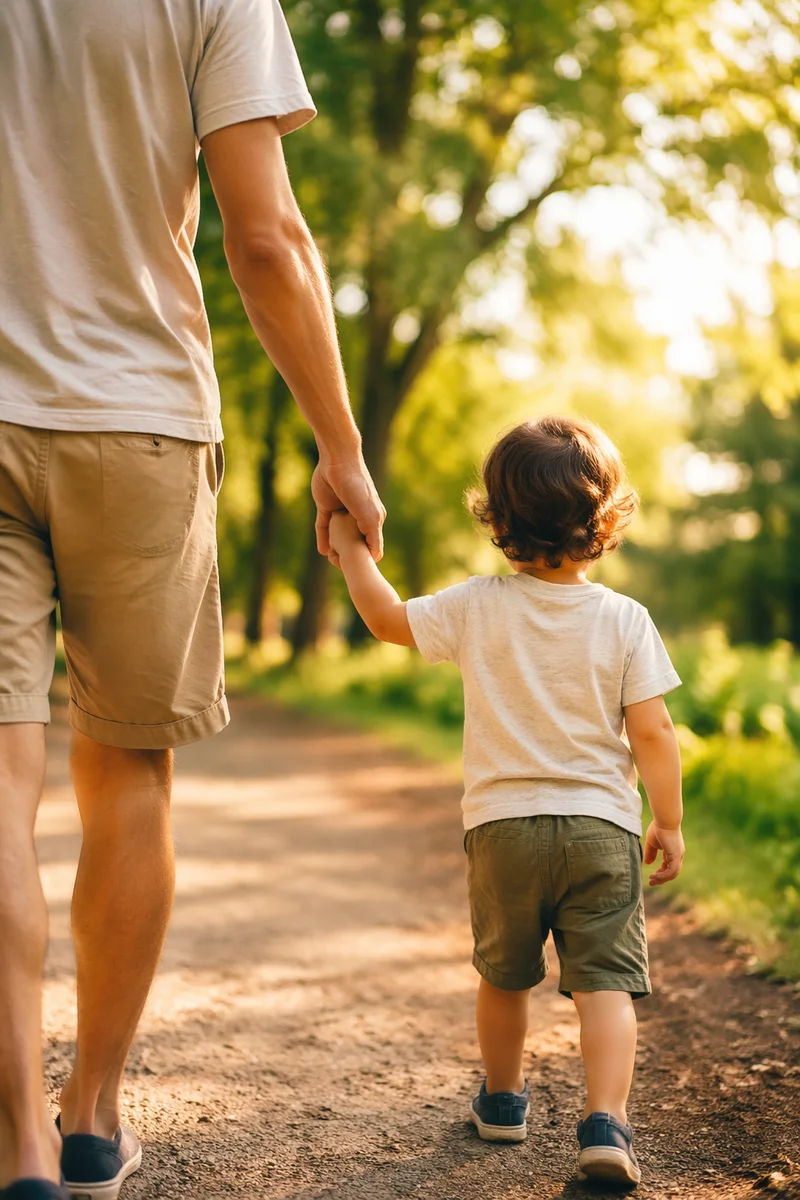 Parent and Child Walking in Sunlit Park