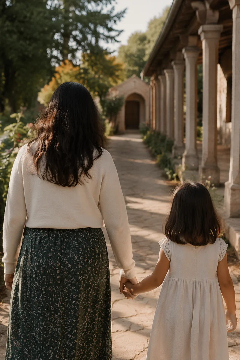 Parent and Child on Chapel Garden Path