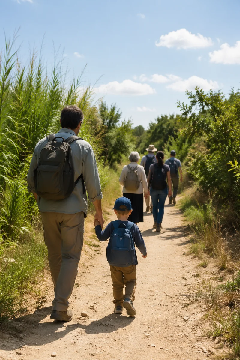 Parent and Child Walking Sunlit Country Path