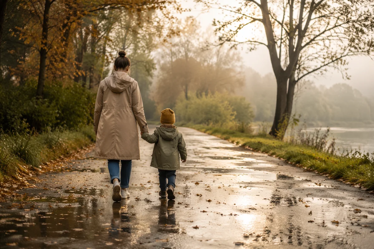 Parent and Child Walking in Morning Mist