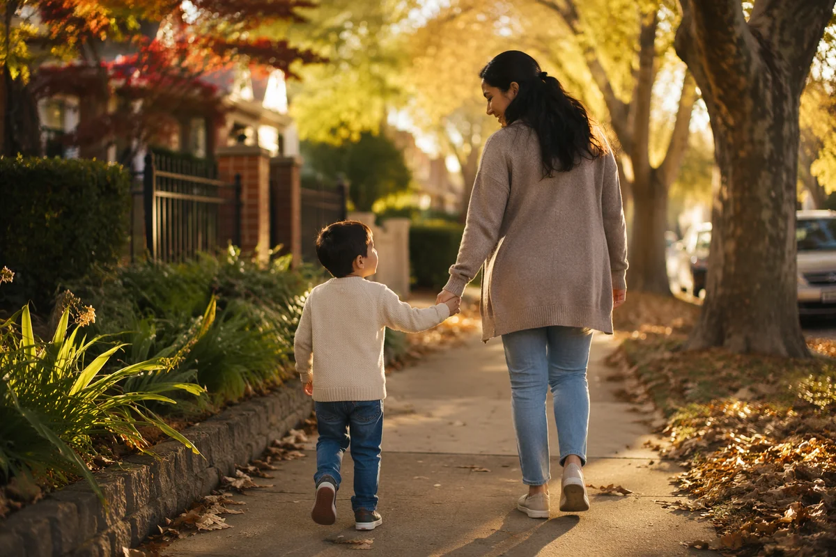 Mother and Son Walking Hand in Hand