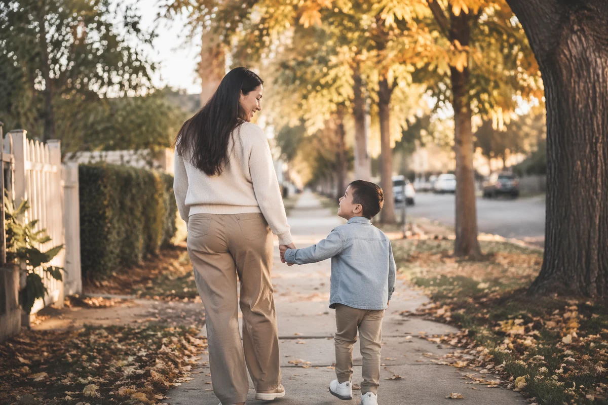 Mother and Son Walking Hand in Hand