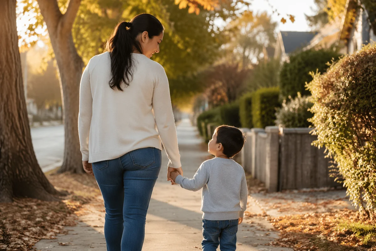 Mother and Son Walking Hand in Hand