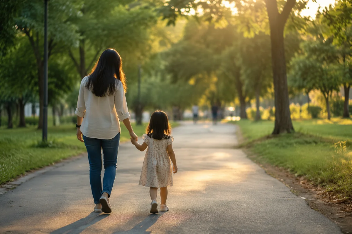 Parent and Child Walking in Peaceful Park