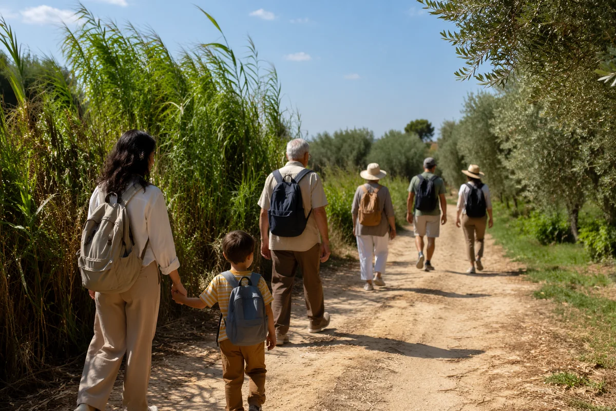 Family Holding Hands on Sunlit Path