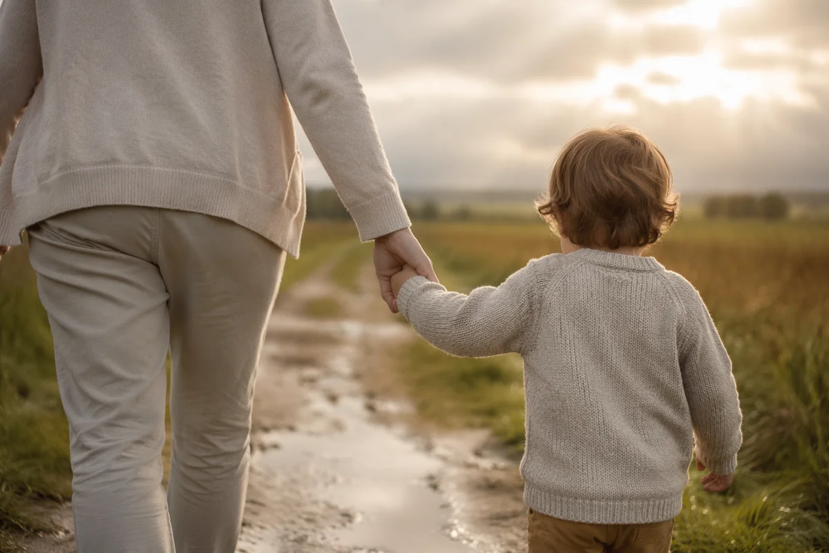 Parent and Child Walking After Rain