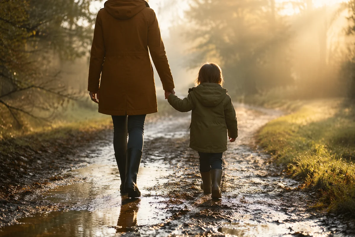 Parent and Child Walking in Morning Light