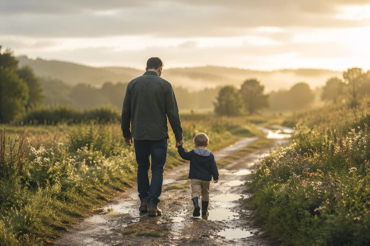 Parent and Child Walking in Morning Light