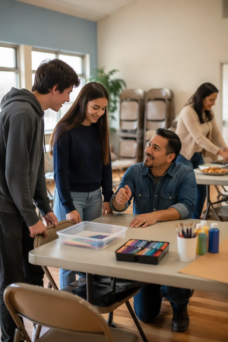Parent Volunteer Helping Teens in Community Hall