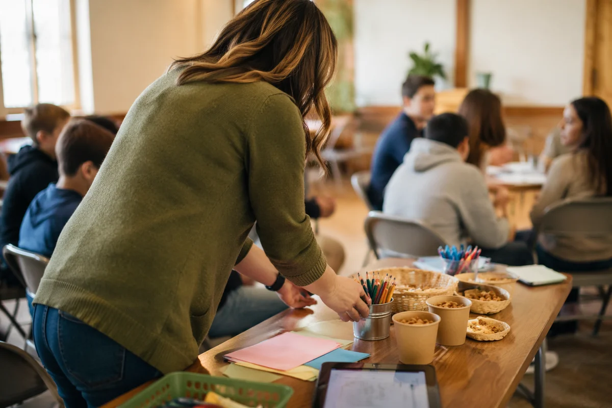 Parent Preparing Supplies in Church Room
