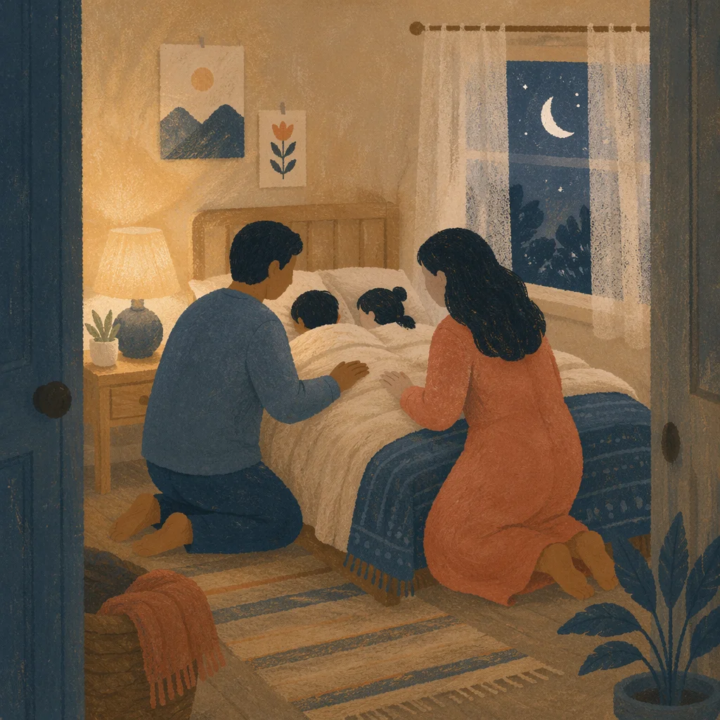 Parents Praying Over Children at Bedtime