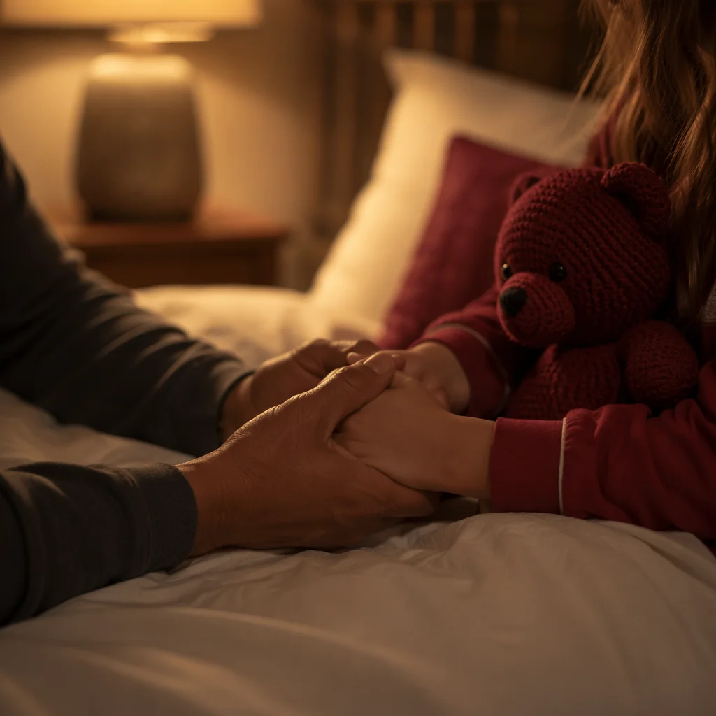 Parents Praying Over Child at Bedtime