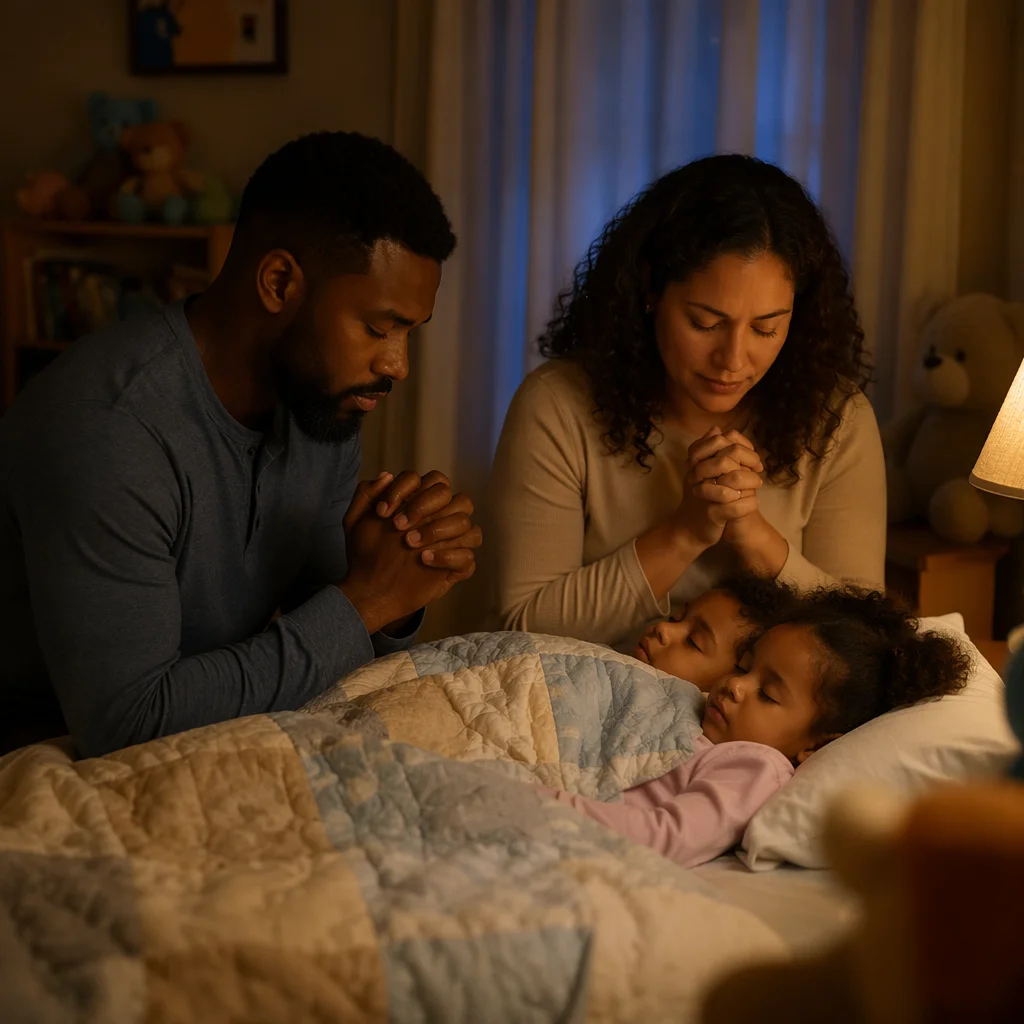 Parents Praying Over Children at Bedtime