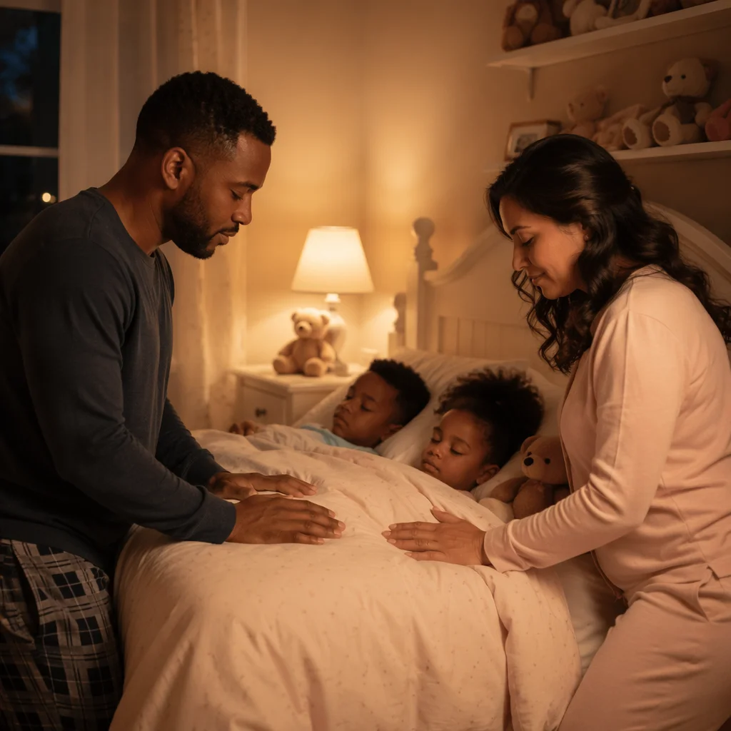Parents Praying Over Children at Bedtime