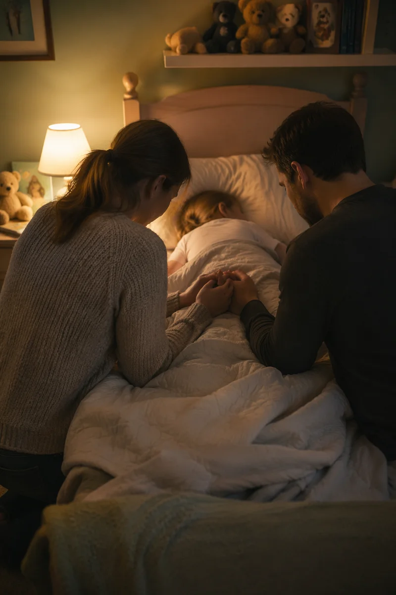 Parents Praying Over Child at Bedtime