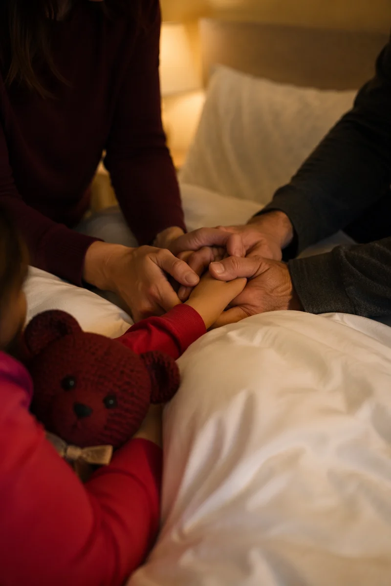 Parents Praying Over Child at Bedtime